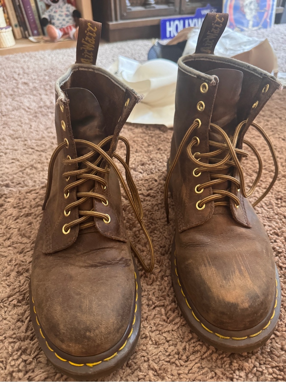 Doc martens Brown Leather Lace-Up Boots with Yellow Stitching Accents